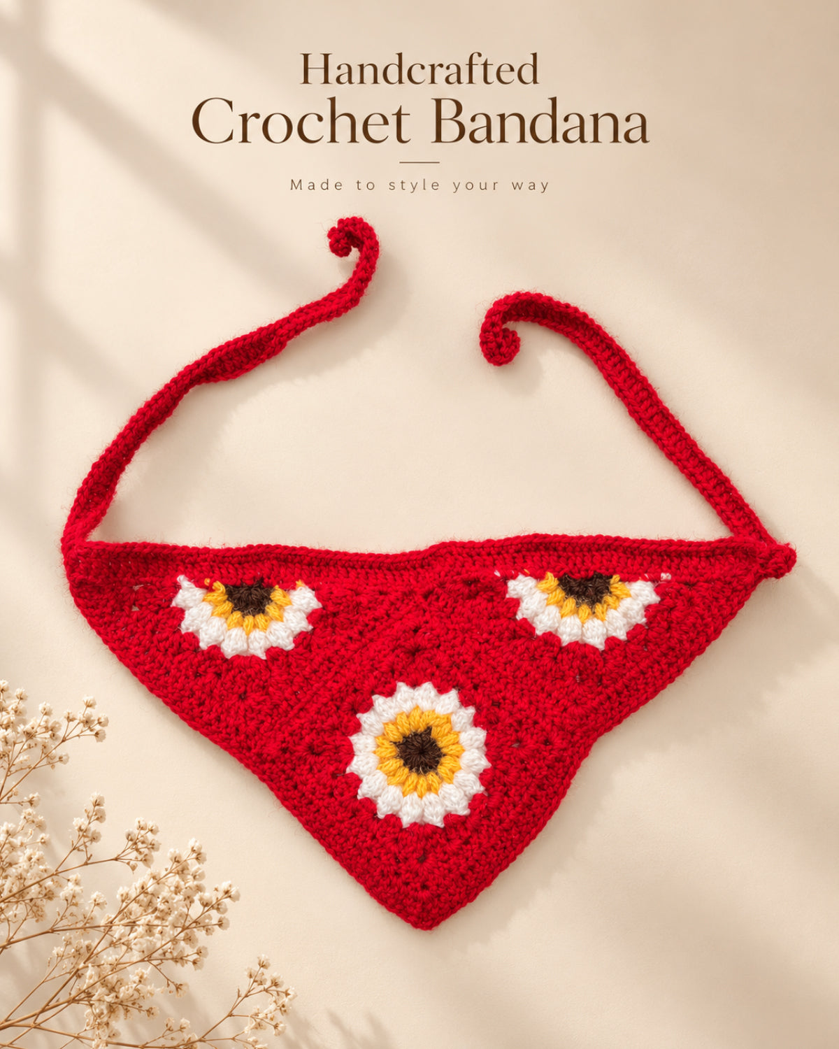 Red Daisy Crochet Bandana – Handcrafted Floral Head Scarf
