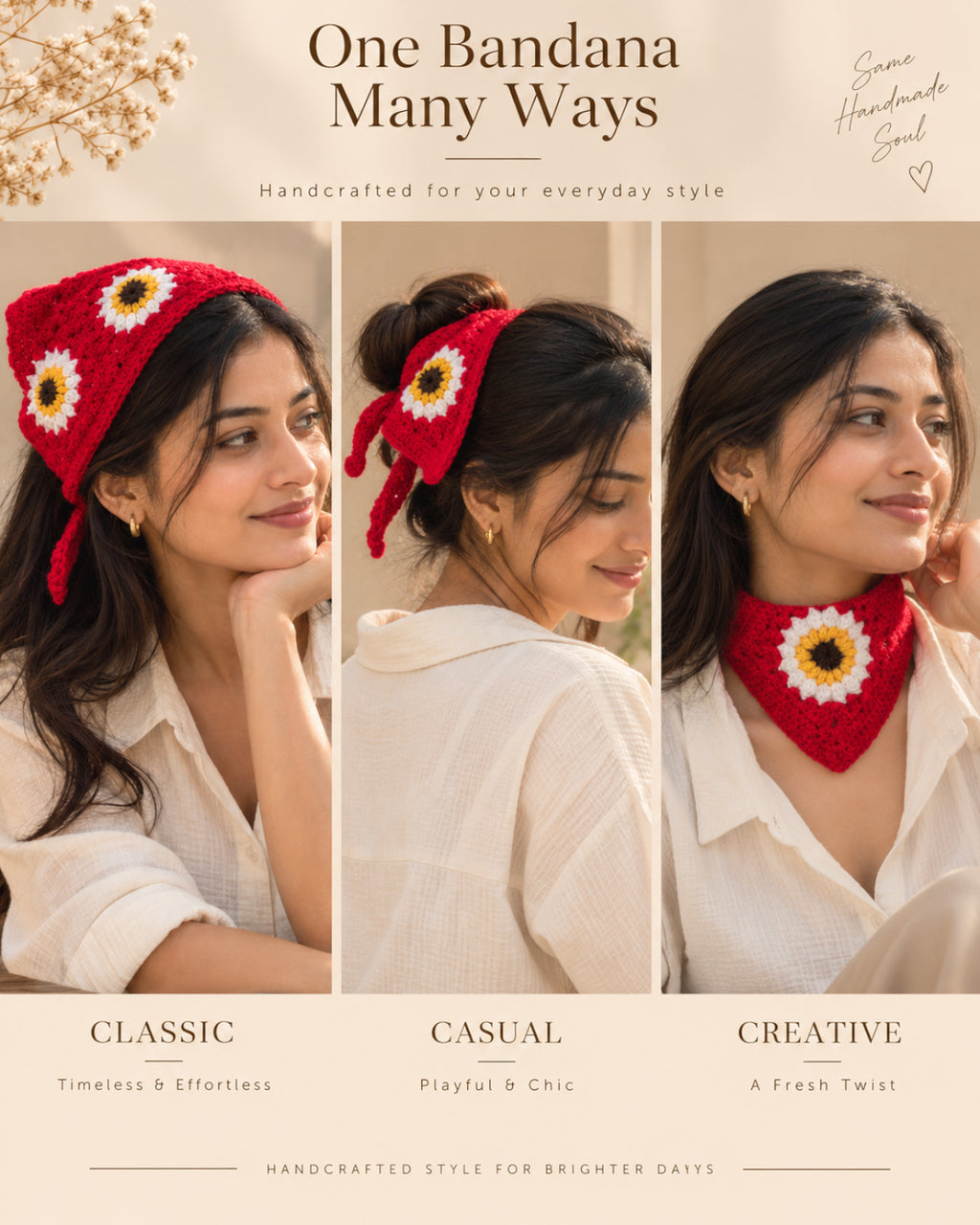 Red Daisy Crochet Bandana – Handcrafted Floral Head Scarf