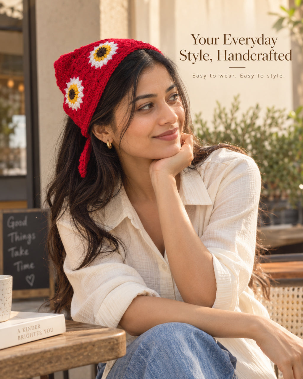 Red Daisy Crochet Bandana – Handcrafted Floral Head Scarf