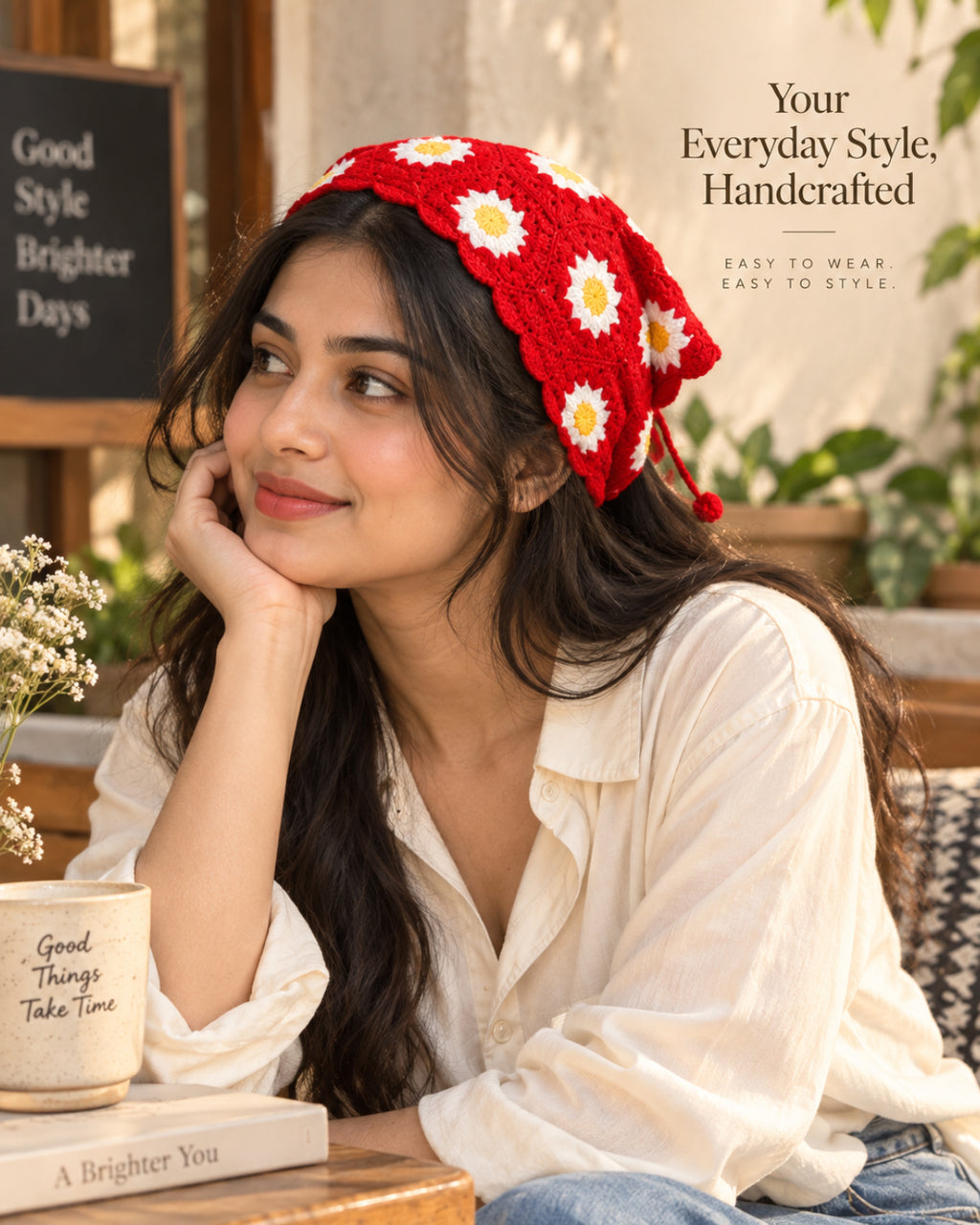 Red Daisy Crochet Bandana – Handcrafted Floral Head Scarf
