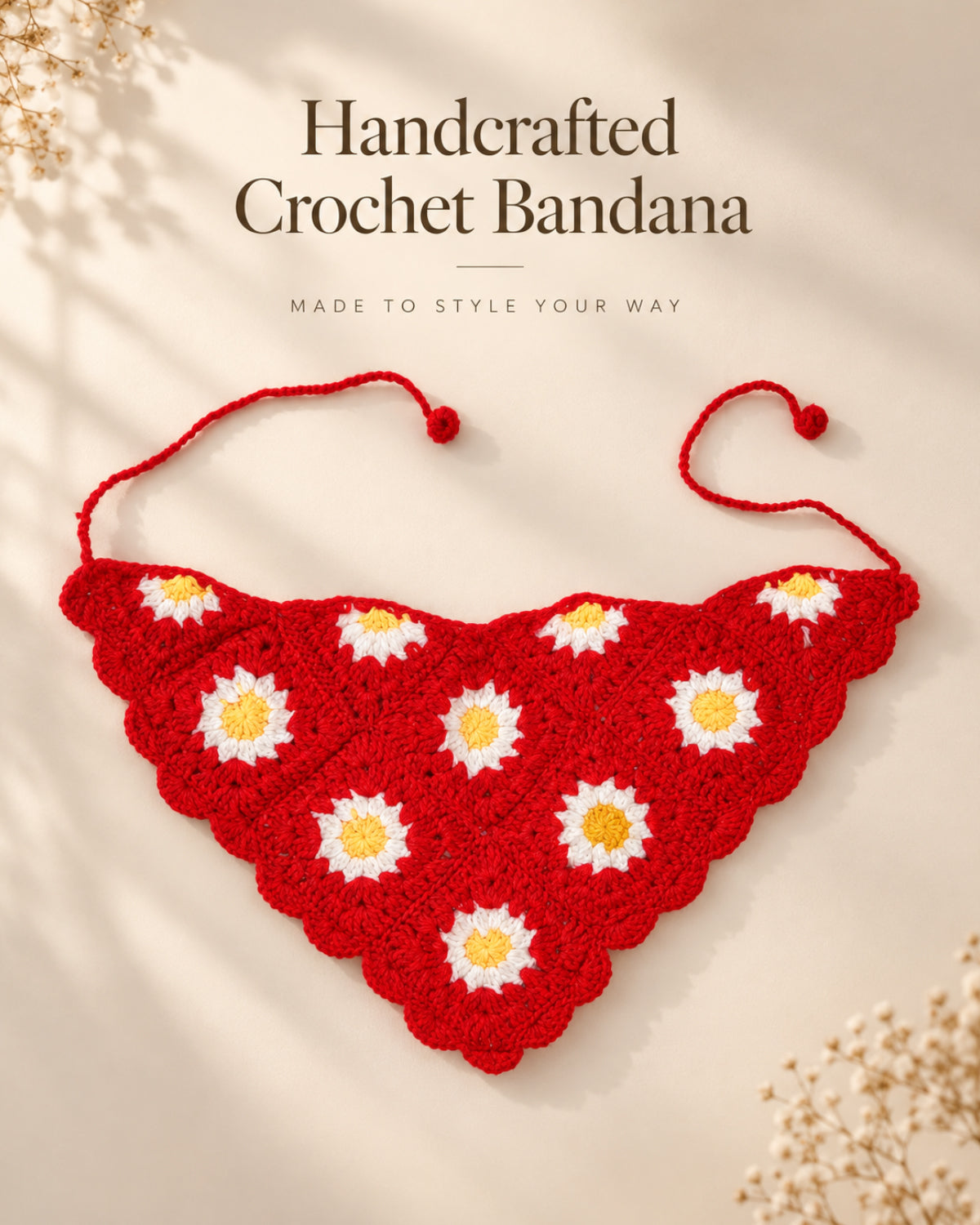 Red Daisy Crochet Bandana – Handcrafted Floral Head Scarf