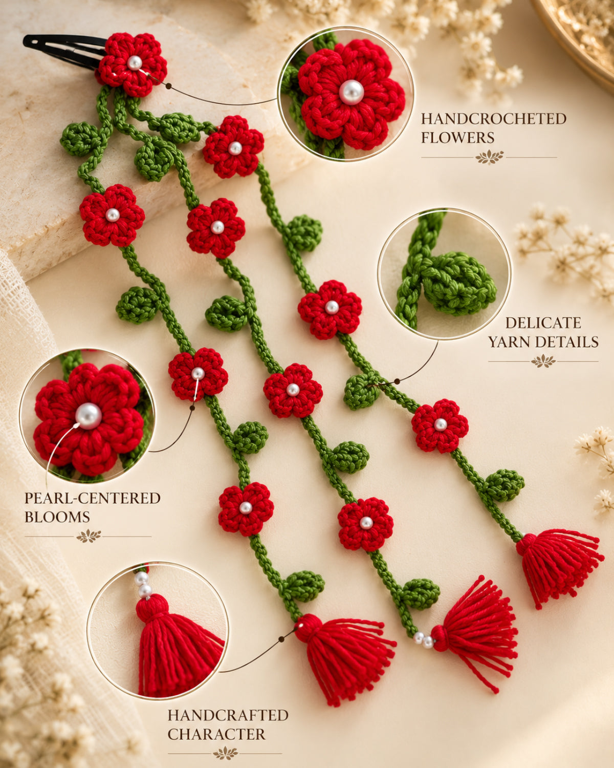 Handmade Crochet Floral Parandi Hair Clip – Red & Green