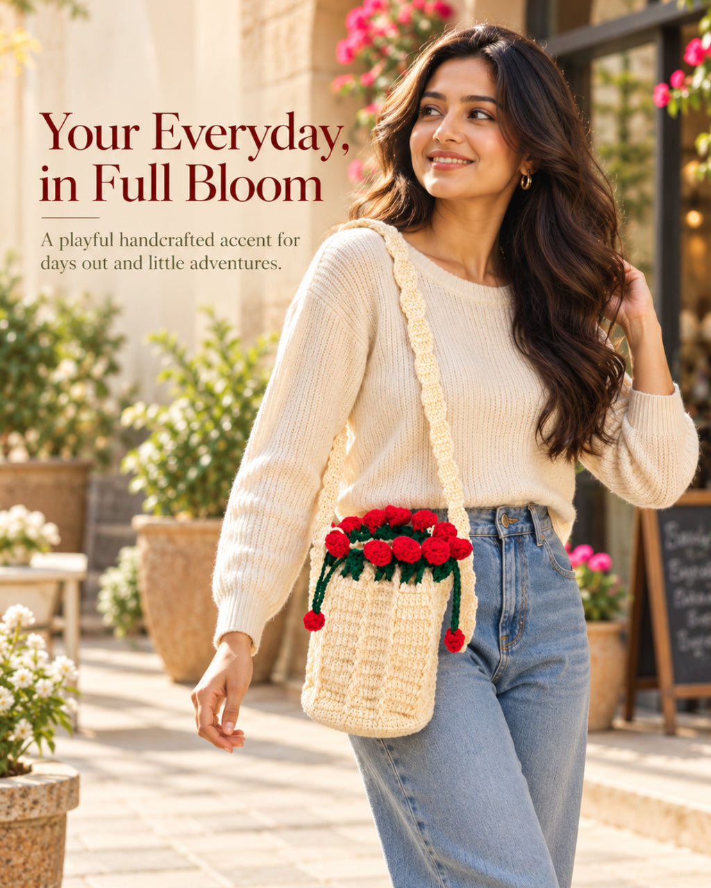 Blooming Roses Crochet Bucket Sling Bag – Cream
