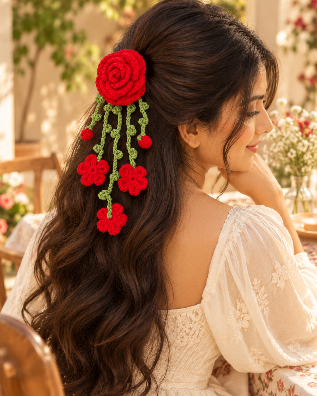 Handmade Crochet Hanging Hair Clip - Red Roses