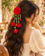 Handmade Crochet Hanging Hair Clip - Red Roses
