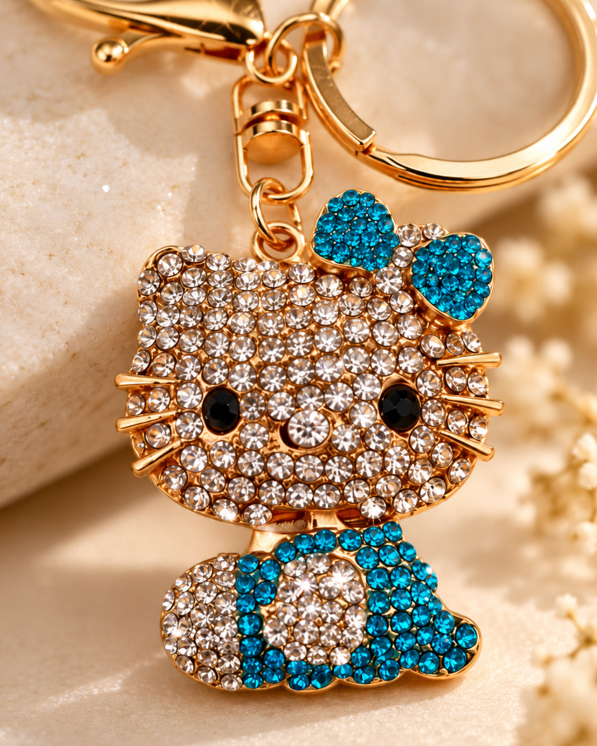 Turquoise Rhinestone Cat Keychain