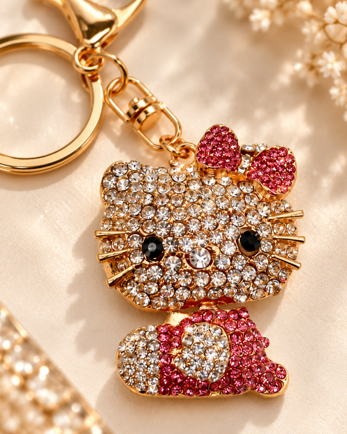 Pink Rhinestone Cat Keychain
