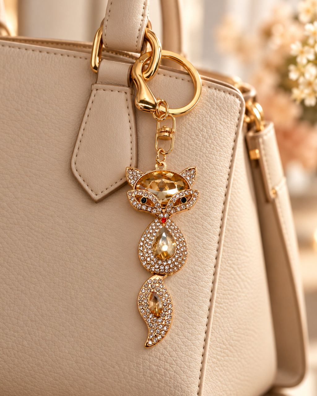 Golden Rhinestone Fox Keychain