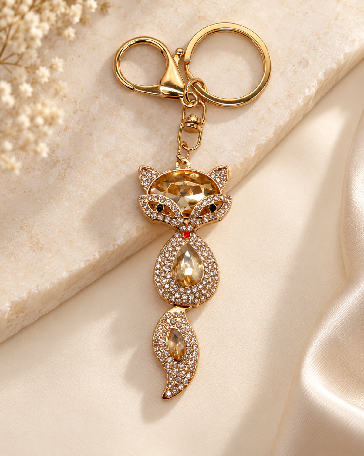 Golden Rhinestone Fox Keychain
