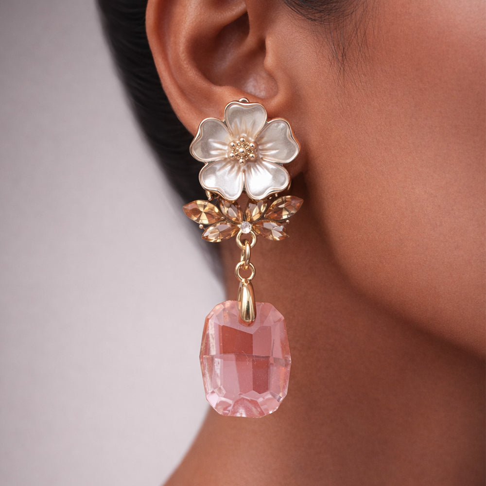 Floral Crystal Drop Earrings – Blush Enamel Flower with Pink Crystal Drop
