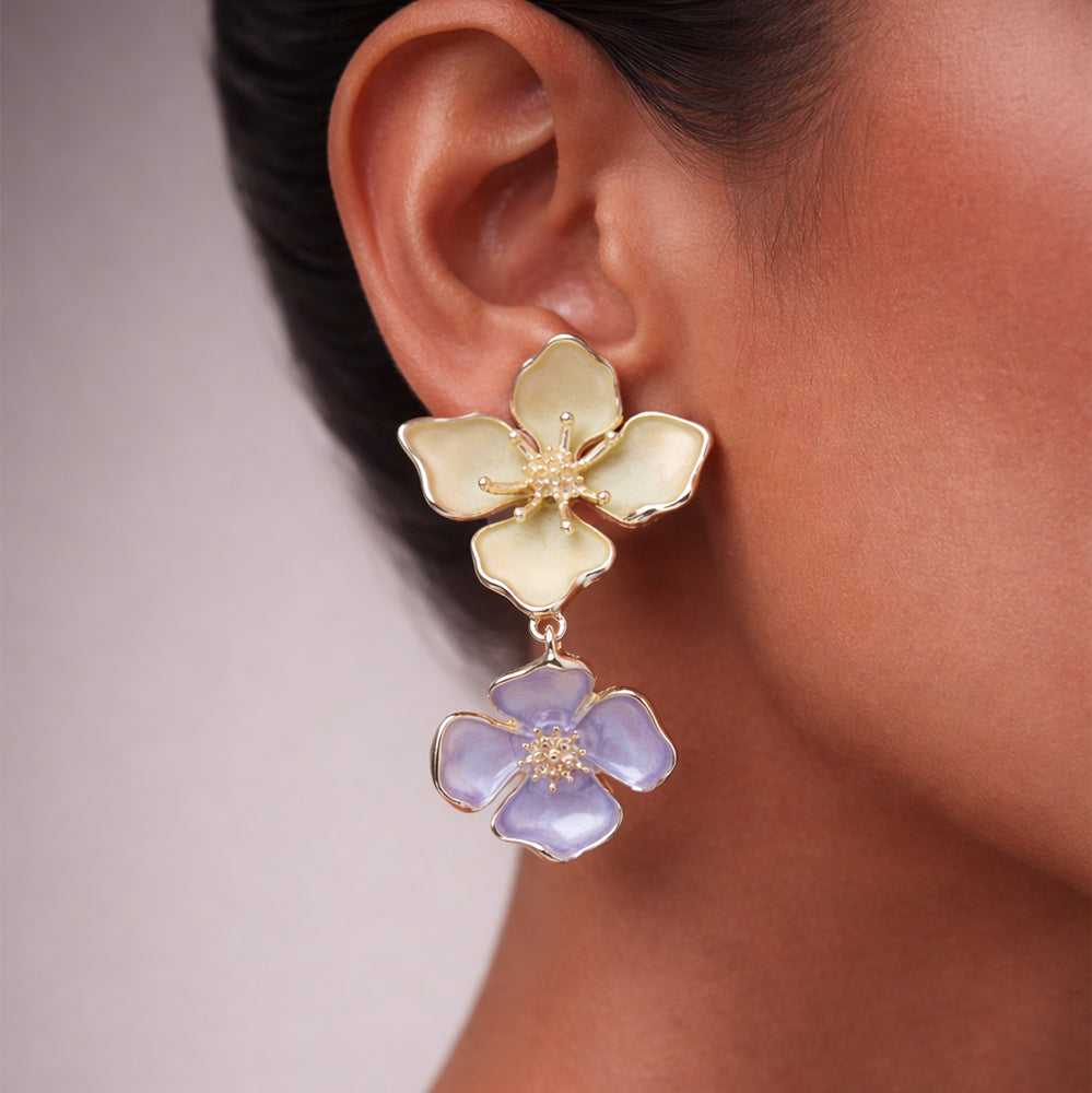 Elegant Floral Enamel - Double Flower Drop Earrings