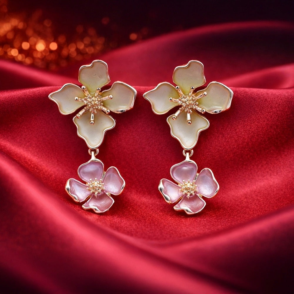 Elegant Floral Enamel Drop Earrings – Ivory & Blush Accents