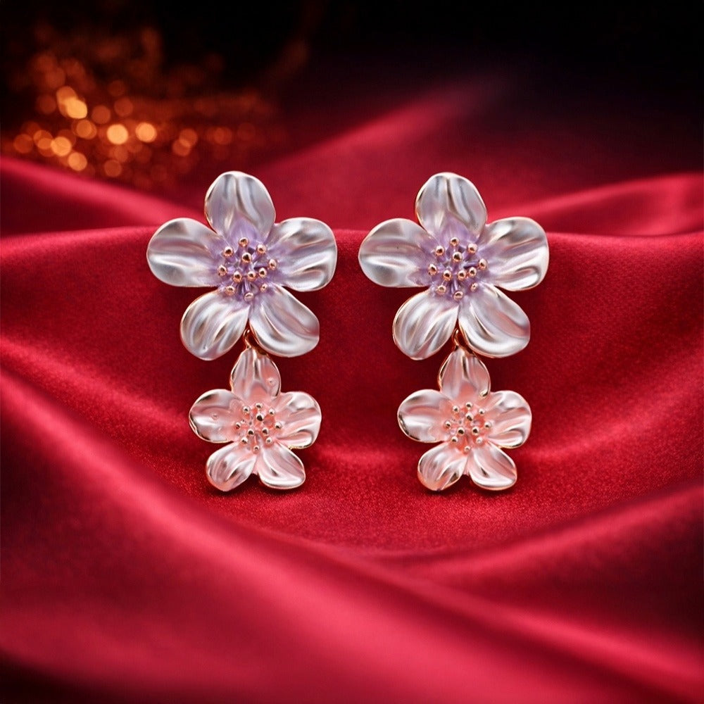 Elegant Double Blossom Drop Earrings – Ivory & Blush Translucent Floral