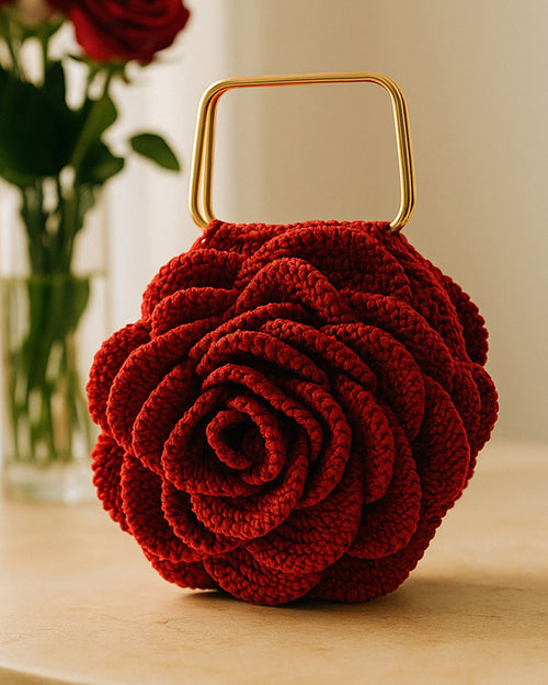 Rosalia Crochet Rose Bag – Handmade 3D Floral Clutch (Red)