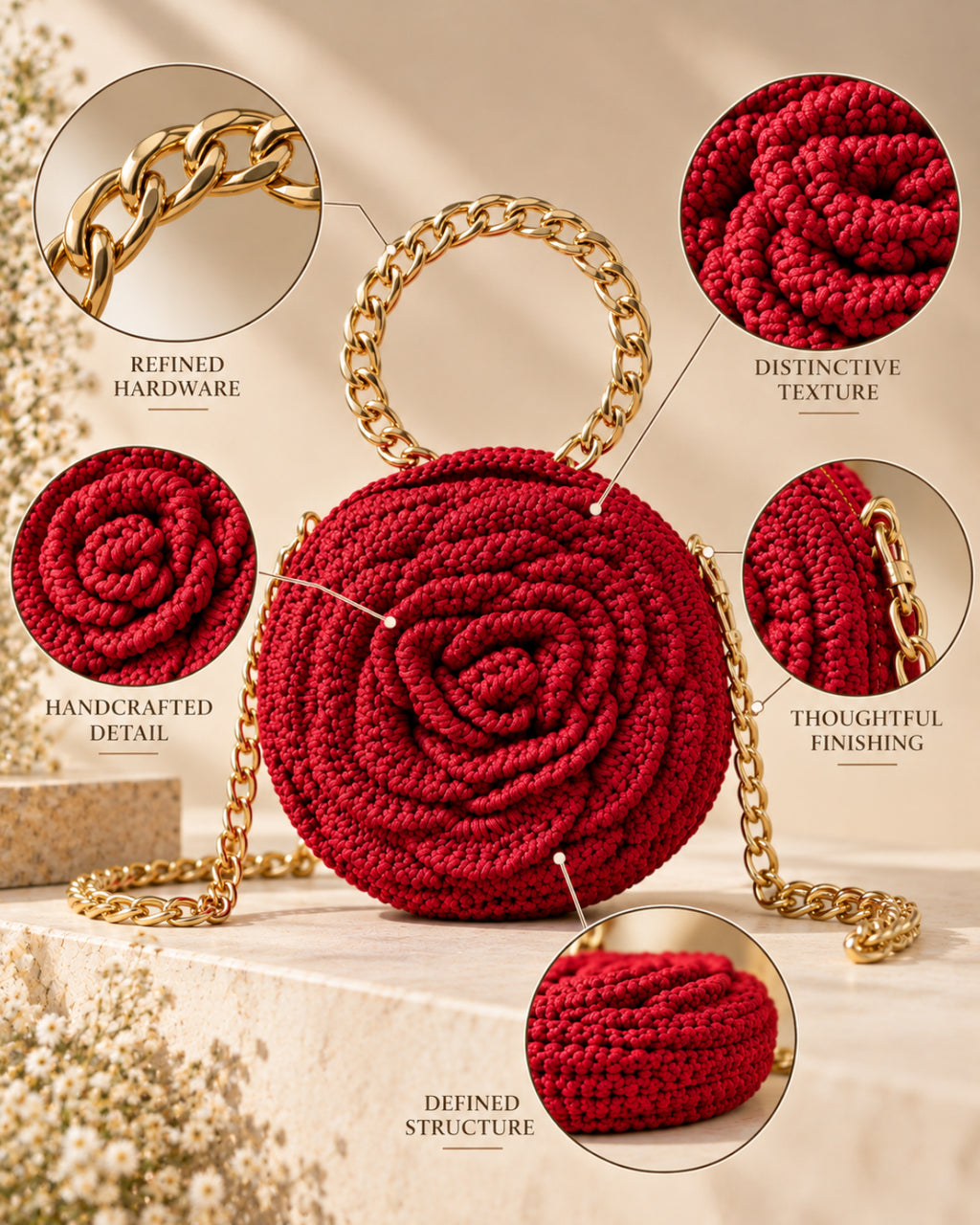 Handmade 3D Floral Clutch - Deep Red Rose