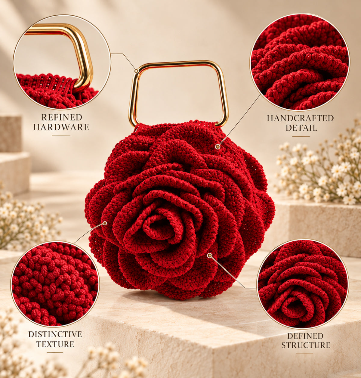 Handmade 3D Floral Clutch - Red Rose