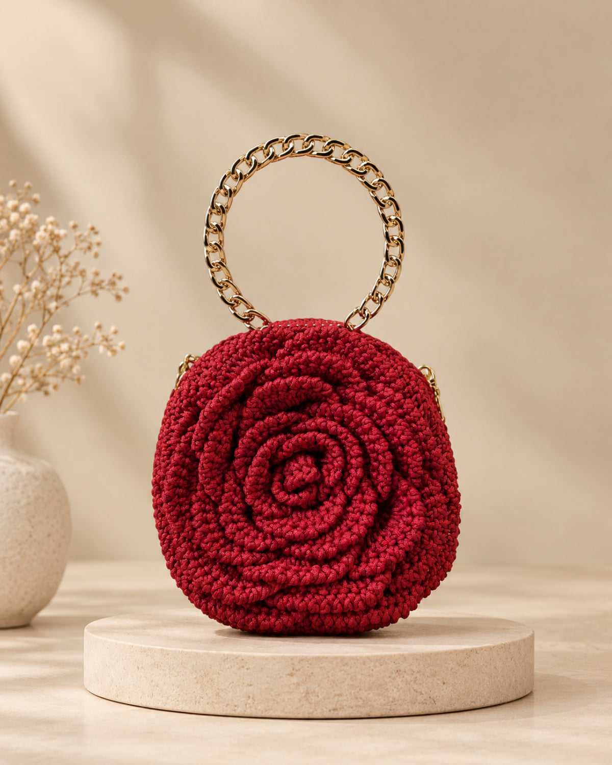 Handmade 3D Floral Clutch - Deep Red Rose