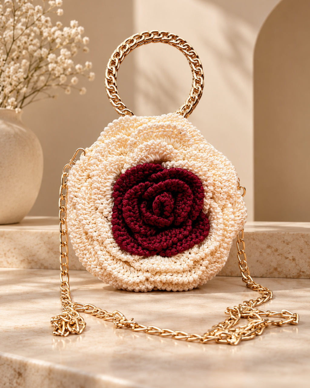 3D Rose Petal Crochet Handbag – Ivory & Burgundy