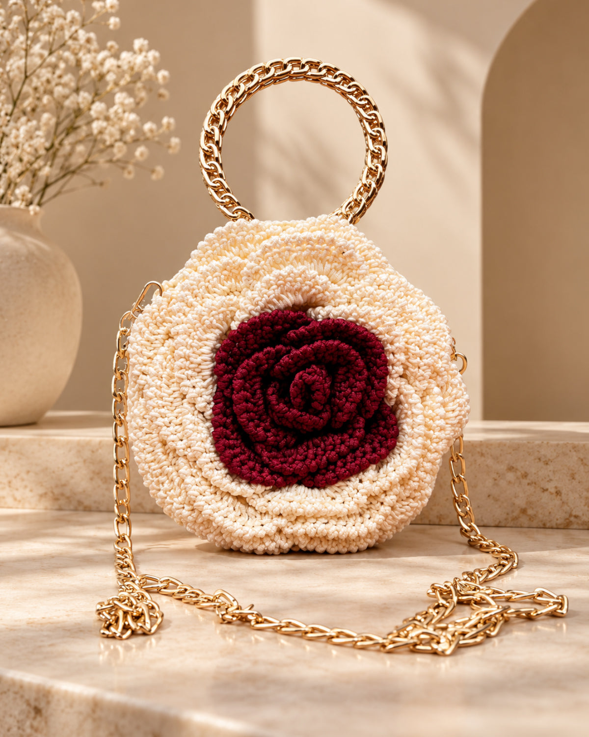 3D Rose Petal Crochet Handbag – Ivory & Burgundy