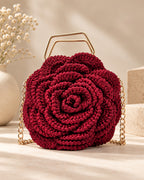 3D Rose Petal Crochet Handbag – Maroon