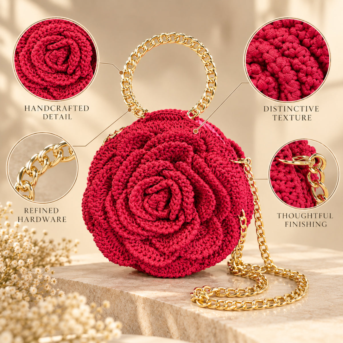 Handmade 3D Floral Clutch - Crimson Rose