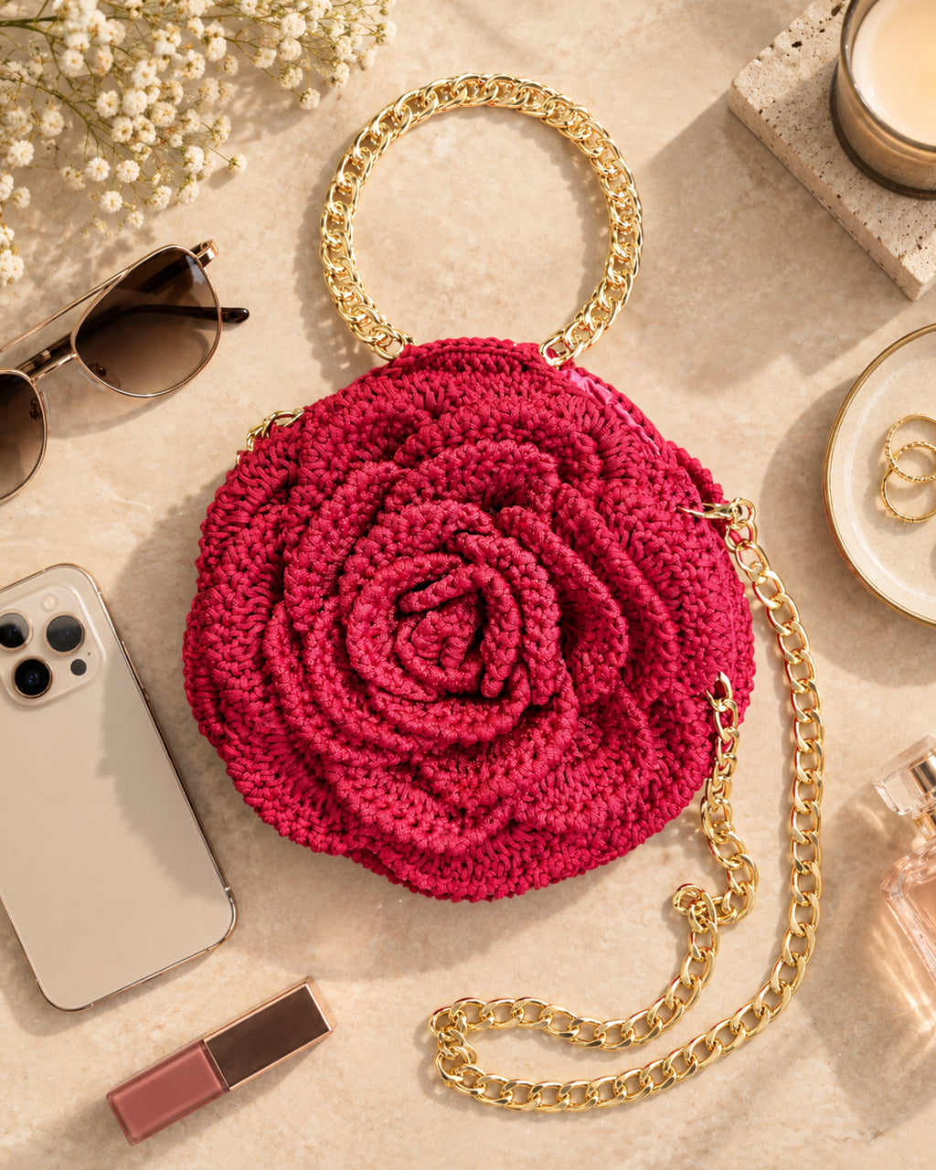 Handmade 3D Floral Clutch - Crimson Rose