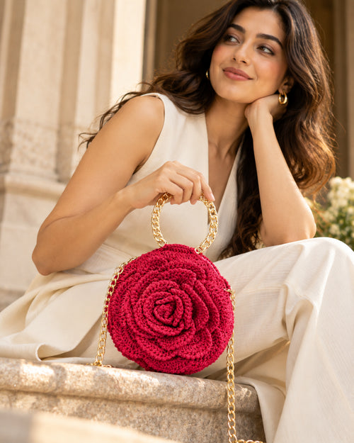 Handmade 3D Floral Clutch - Crimson Rose