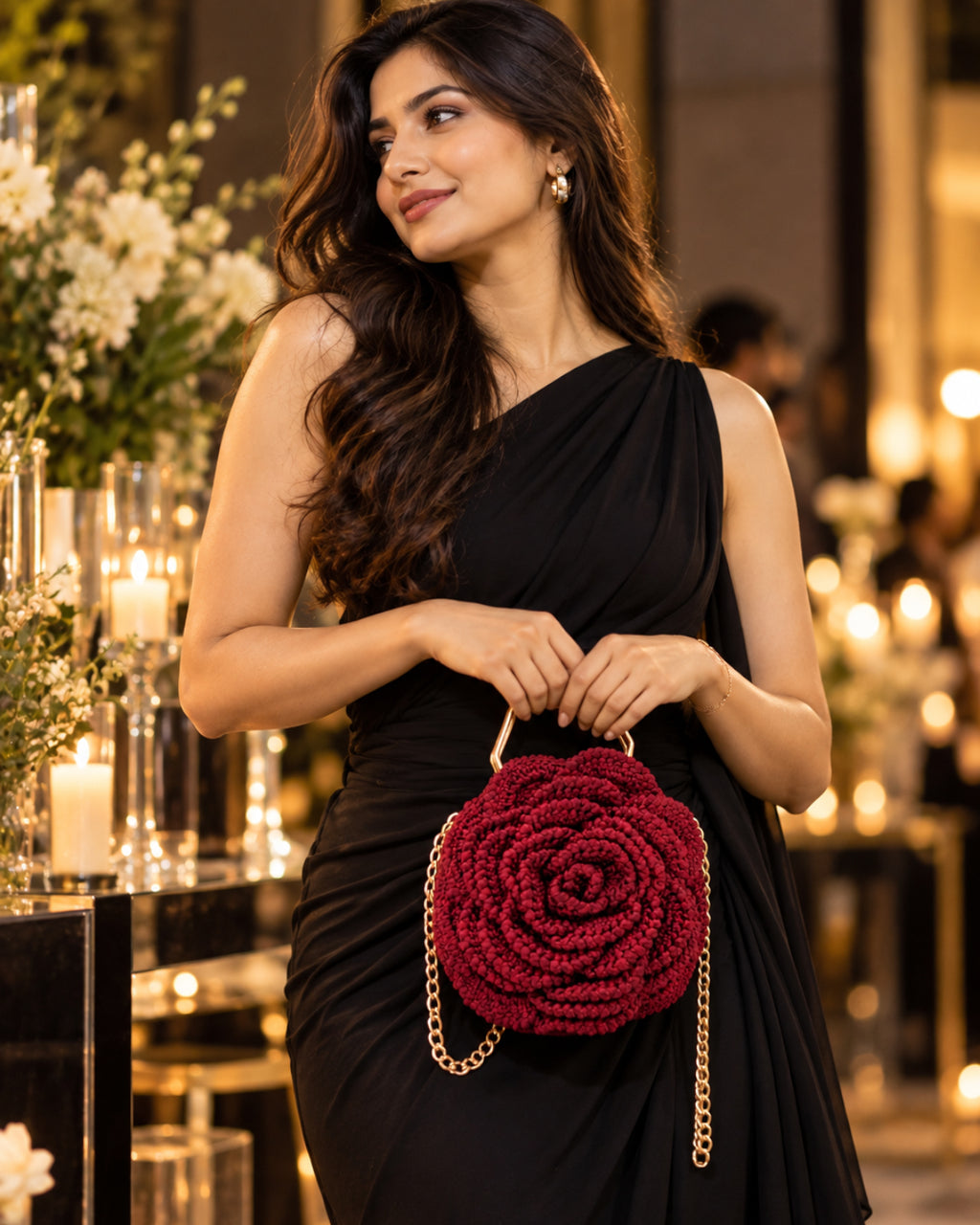 3D Rose Petal Crochet Handbag – Maroon