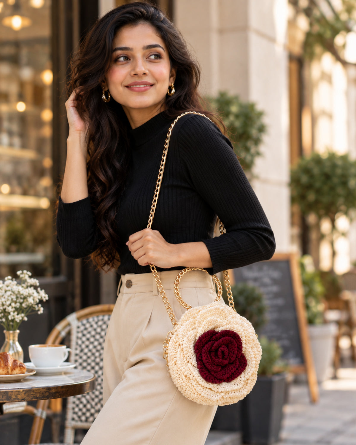 3D Rose Petal Crochet Handbag – Ivory & Burgundy