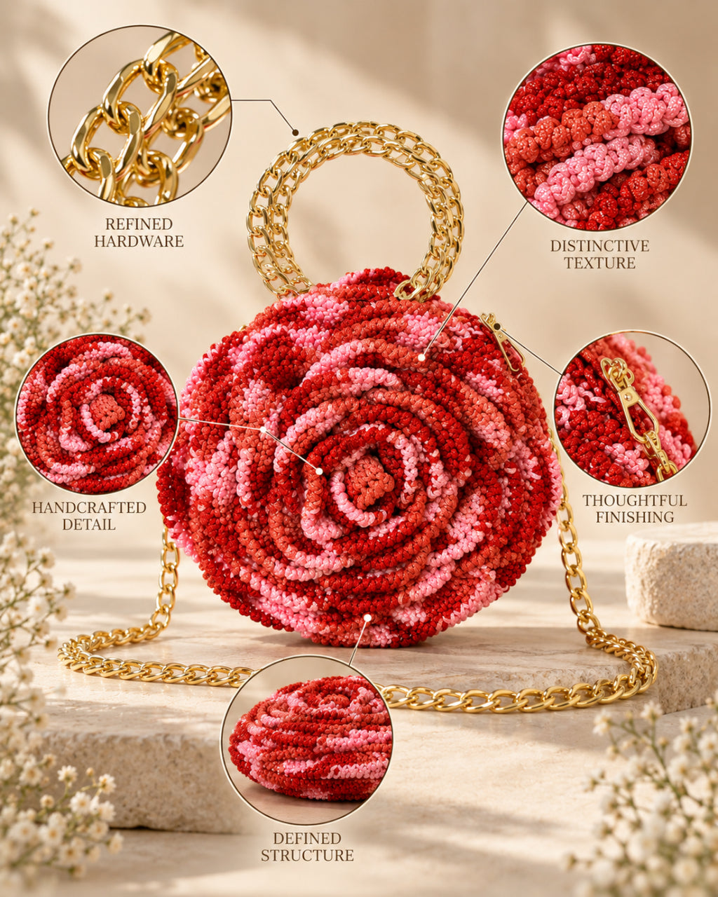 Handmade 3D Floral Clutch - Red Pink Rose