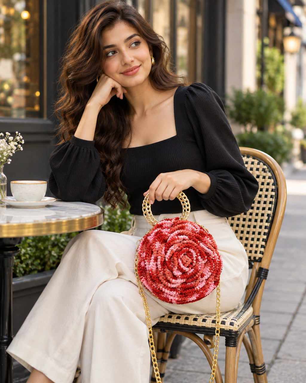 Handmade 3D Floral Clutch - Red Pink Rose