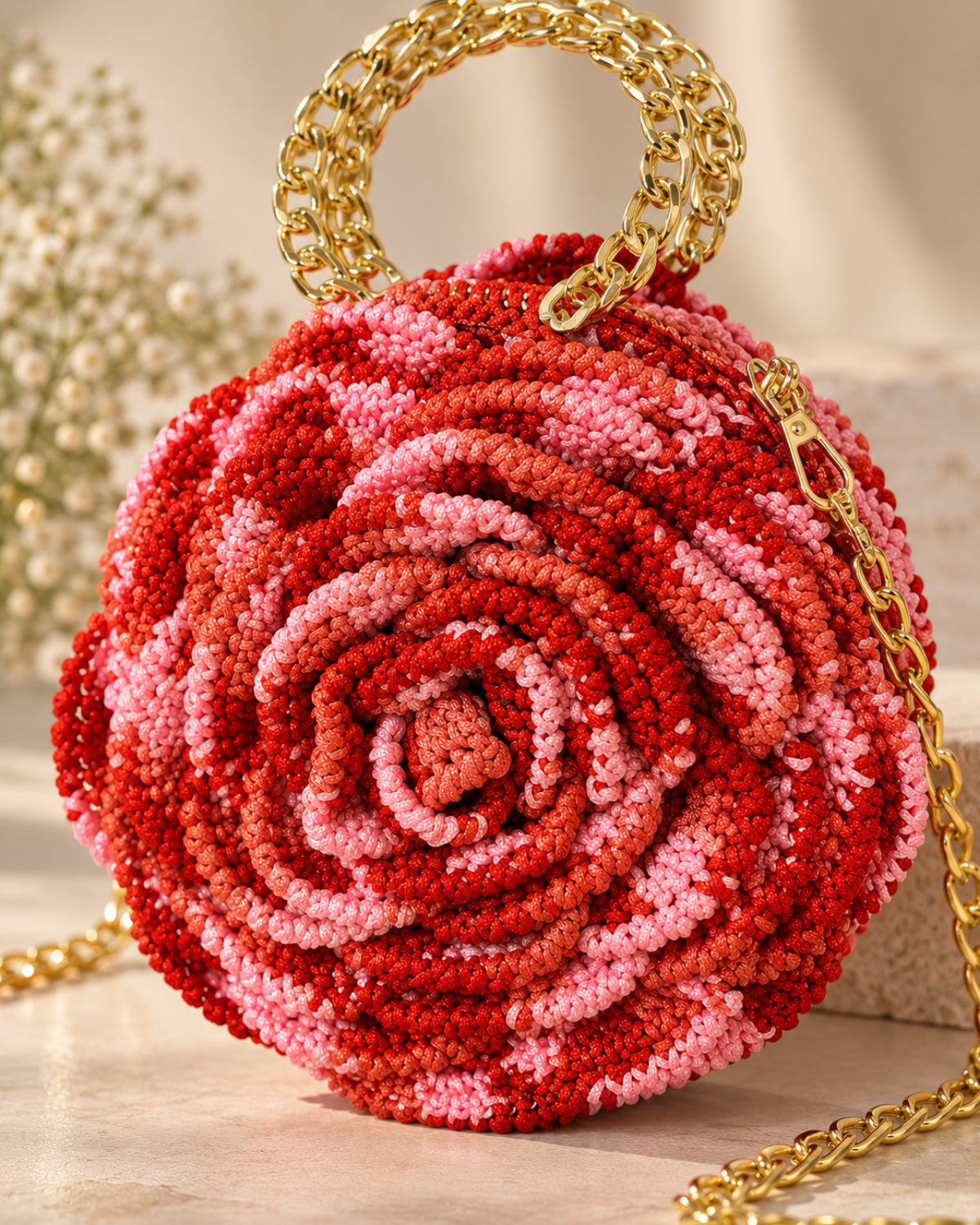 Handmade 3D Floral Clutch - Red Pink Rose