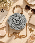 3D Rose Petal Crochet Handbag – Silver Grey