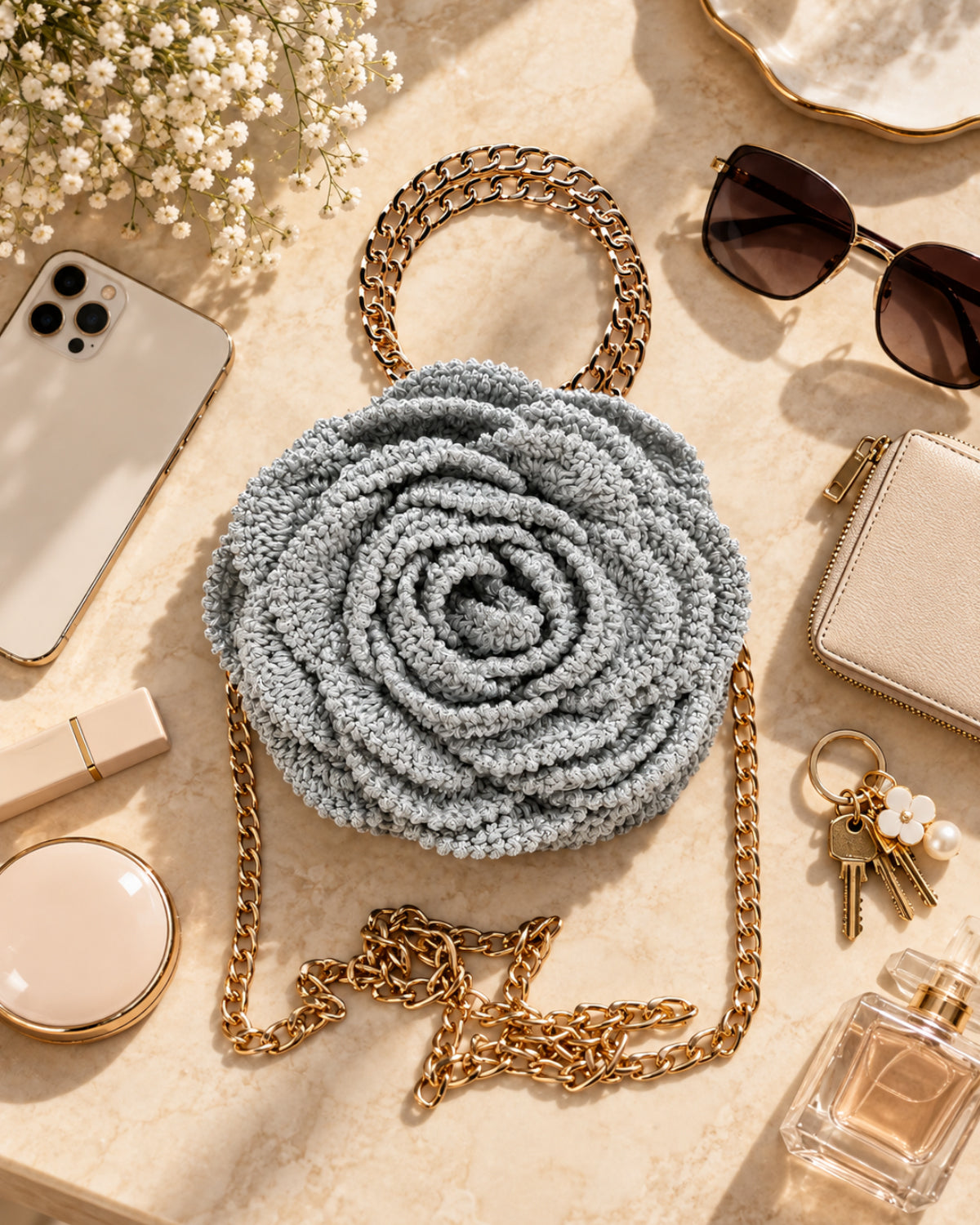 3D Rose Petal Crochet Handbag – Silver Grey