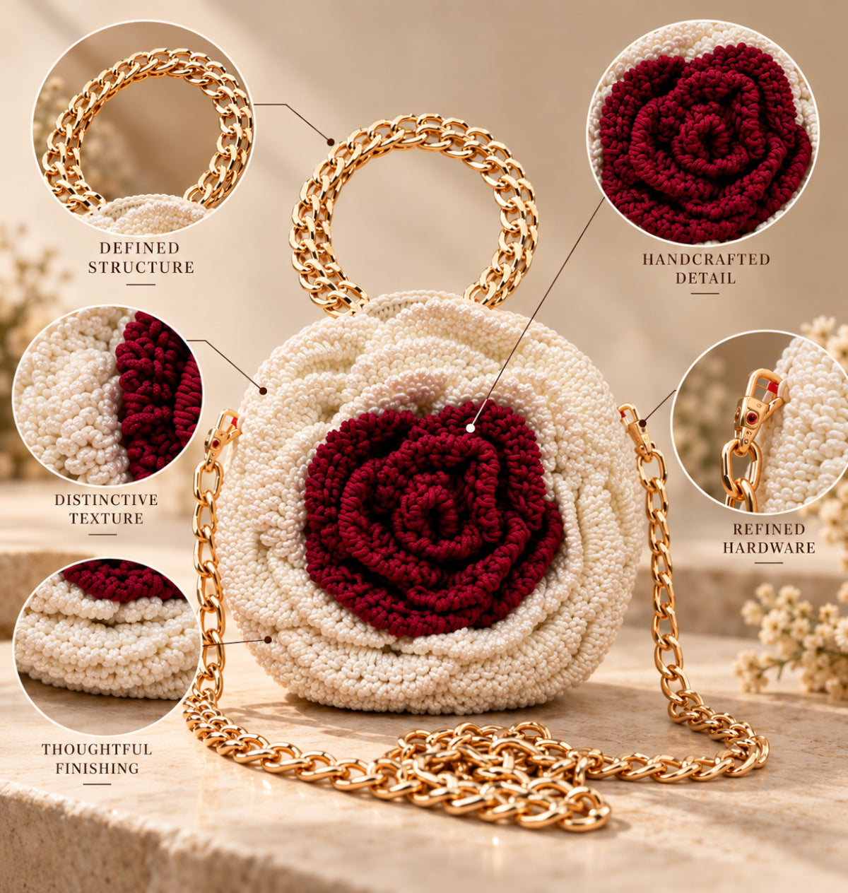 Handmade 3D Floral Clutch - White & Brown Rose