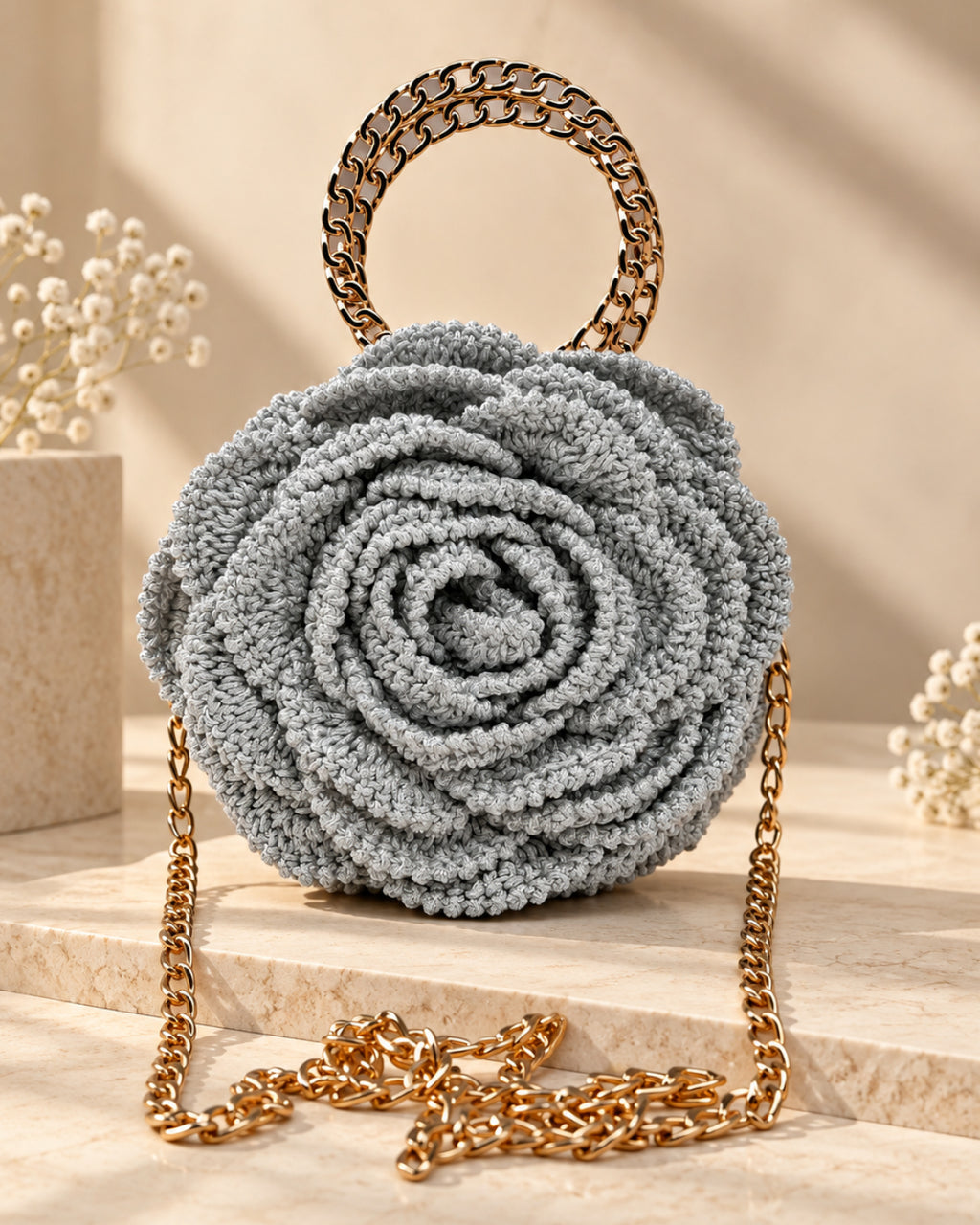 3D Rose Petal Crochet Handbag – Silver Grey