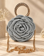 3D Rose Petal Crochet Handbag – Silver Grey