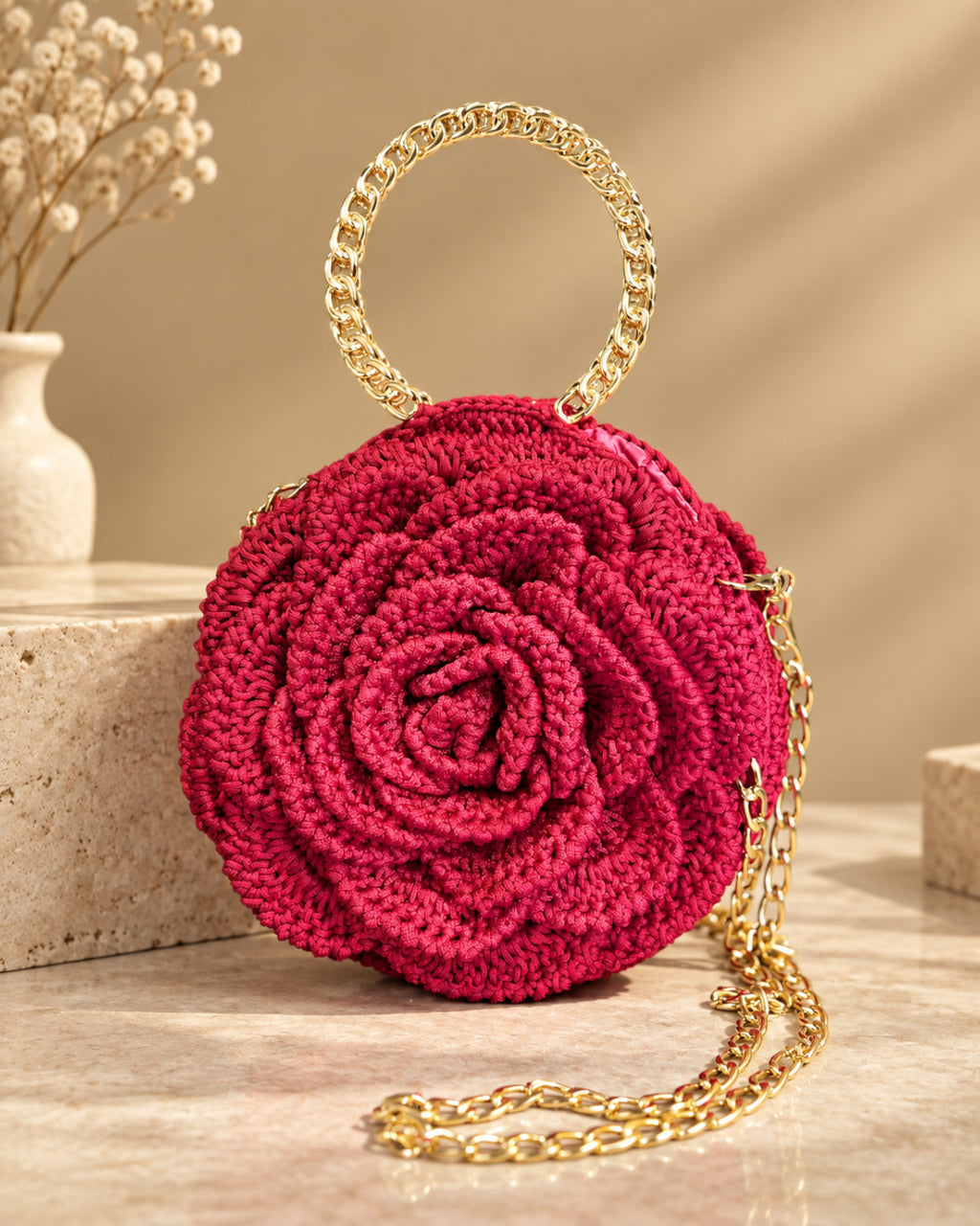 Handmade 3D Floral Clutch - Crimson Rose