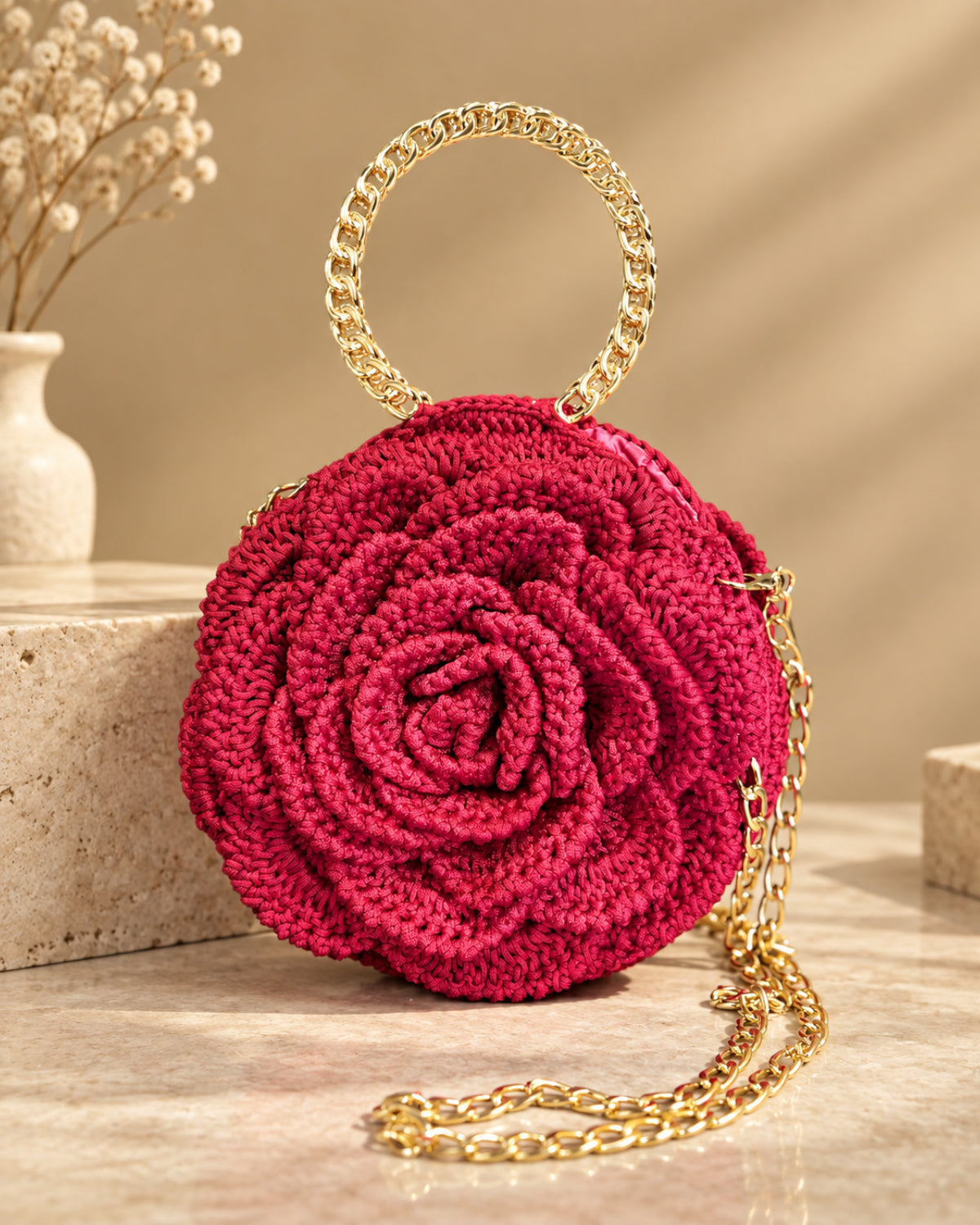 Handmade 3D Floral Clutch - Crimson Rose