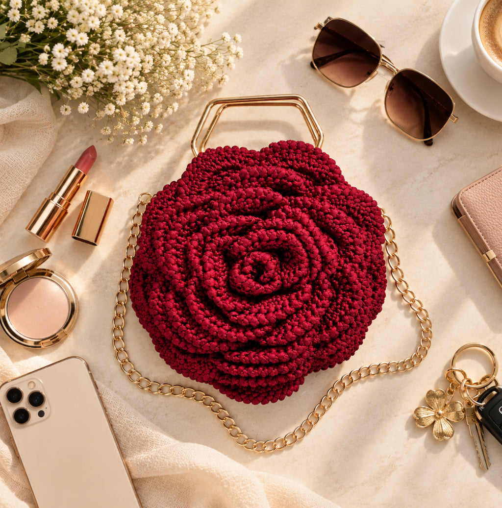 3D Rose Petal Crochet Handbag – Maroon