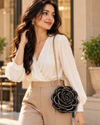 3D Rose Petal Crochet Handbag – Black and Gold