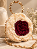 3D Rose Petal Crochet Handbag – Ivory & Burgundy