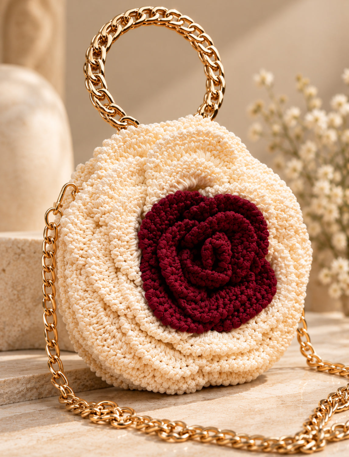 3D Rose Petal Crochet Handbag – Ivory & Burgundy