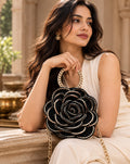 3D Rose Petal Crochet Handbag – Black and Gold