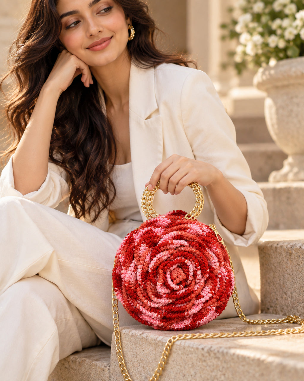 Handmade 3D Floral Clutch - Red Pink Rose
