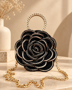 3D Rose Petal Crochet Handbag – Black and Gold