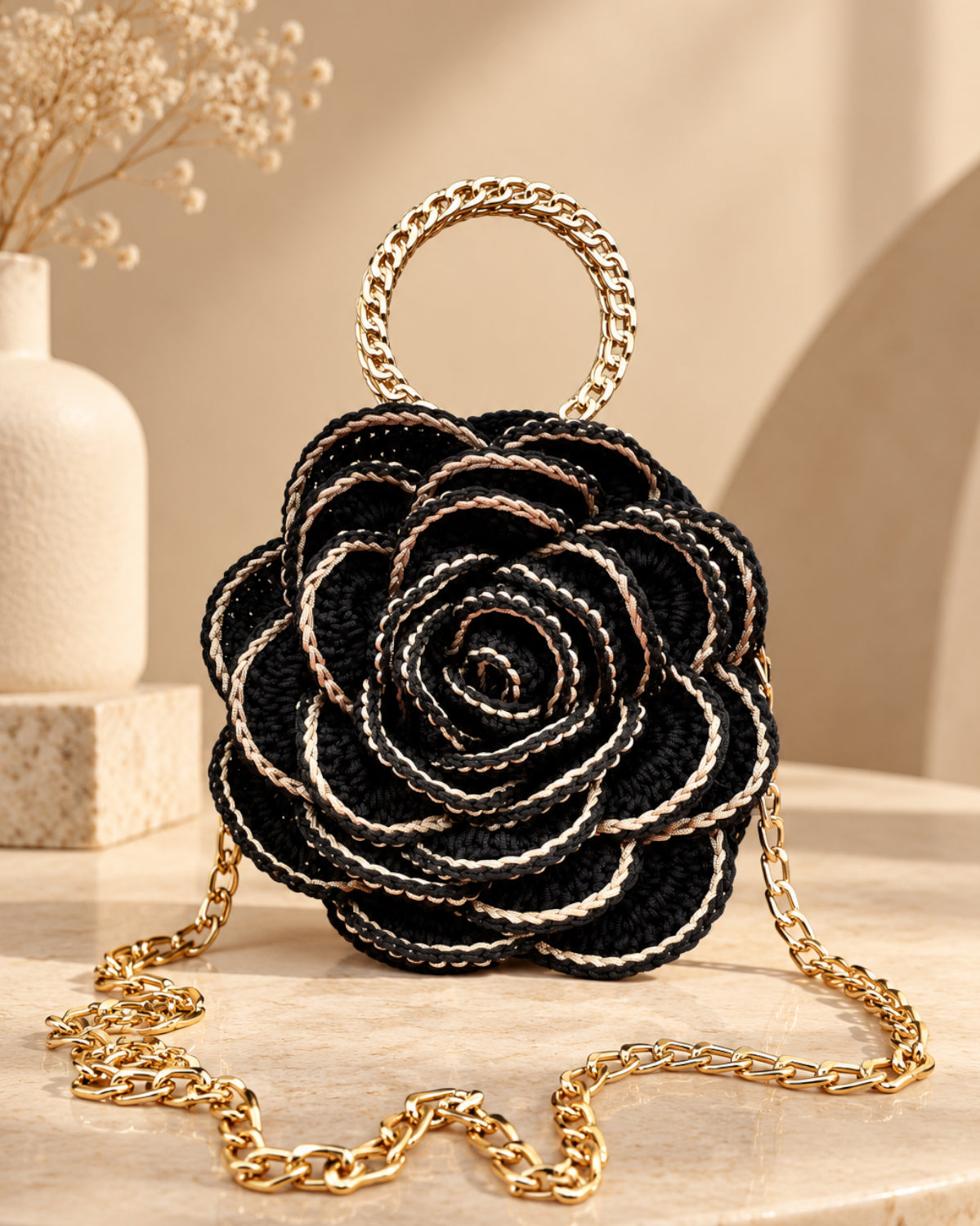 3D Rose Petal Crochet Handbag – Black and Gold