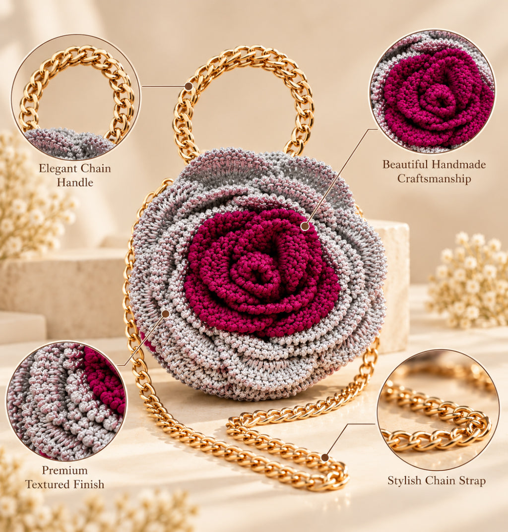 Handmade 3D Floral Clutch - Grey & Pinkish Purple Rose