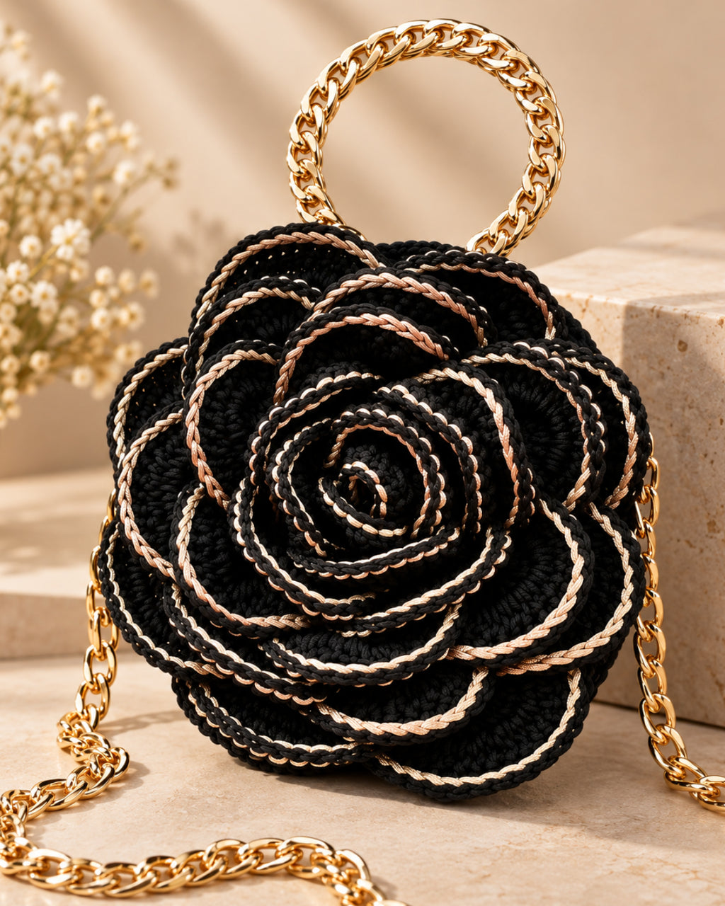 3D Rose Petal Crochet Handbag – Black and Gold