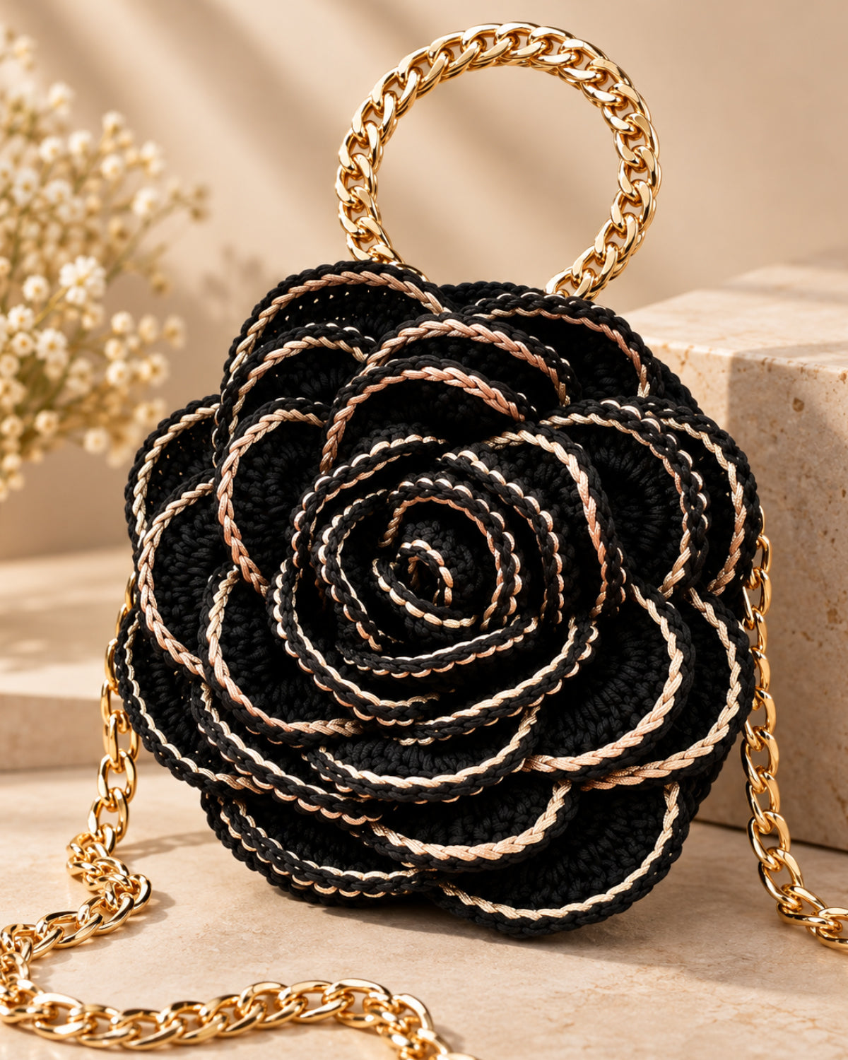 3D Rose Petal Crochet Handbag – Black and Gold